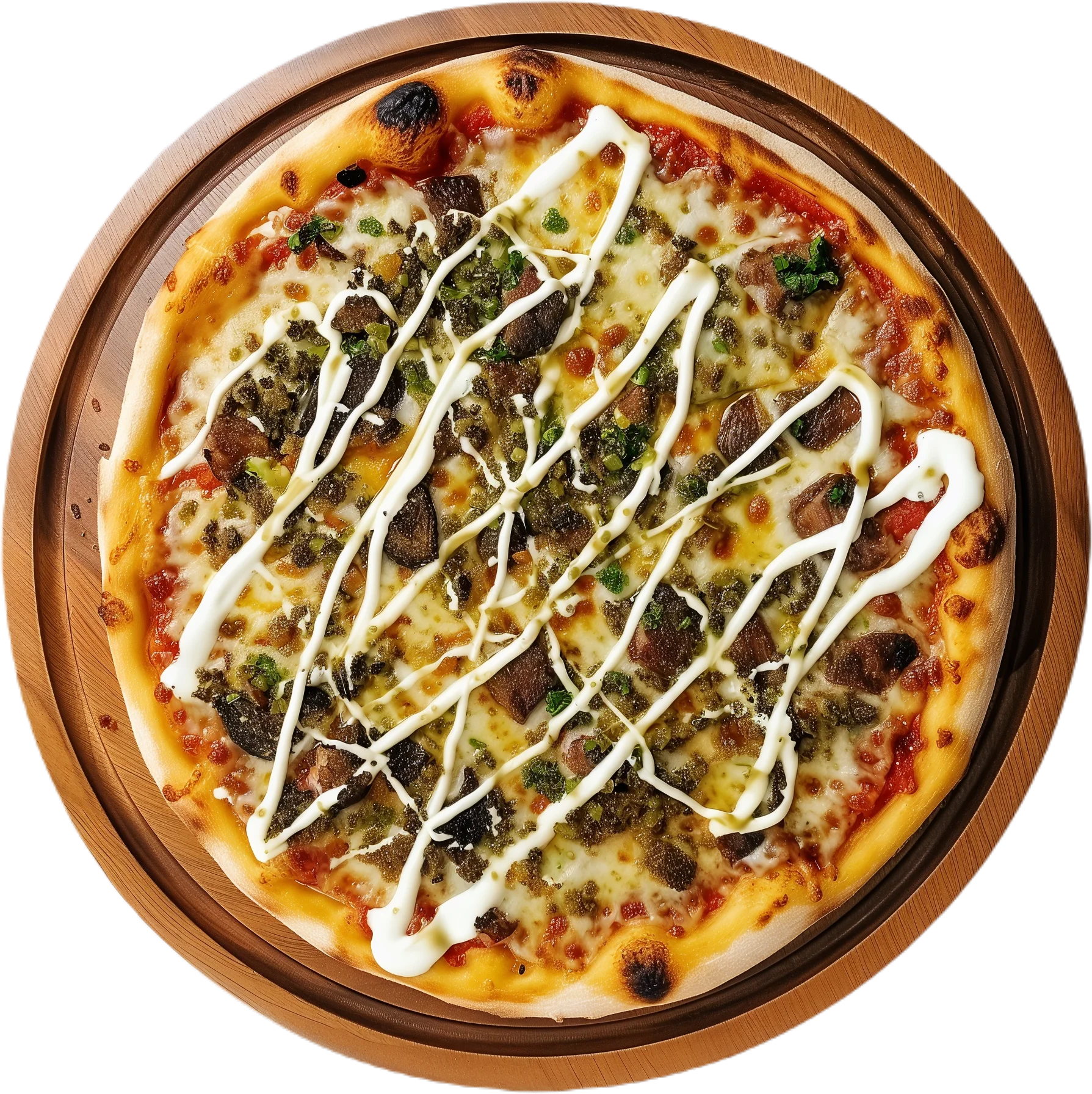 Rainbow vegetarian pizza with eggplant, zucchini and pesto